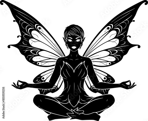 Meditating Angel Woman Vector Silhouette Illustration
