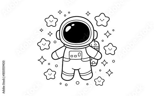 Cute cartoon astronaut floating among smiling stars and sparkling celestial bodies