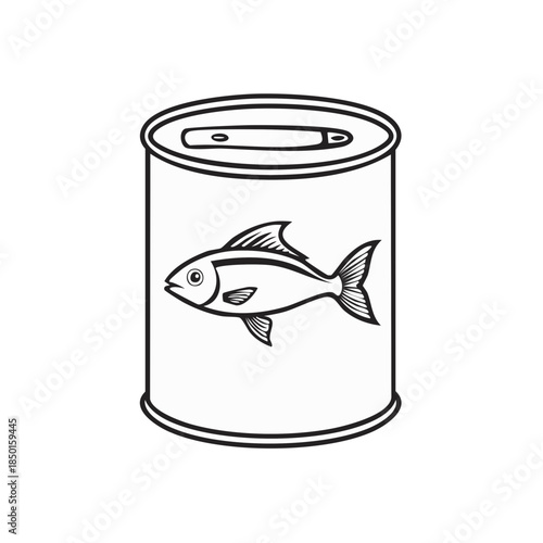 Canned Fish Illustration featuring Simple Black and White Drawing for Food Packaging Label Designs and Seafood Product Marketing