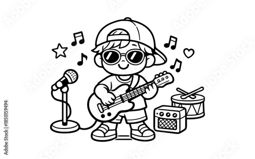 Cute cartoon boy playing guitar with microphone and drum set, musical notes