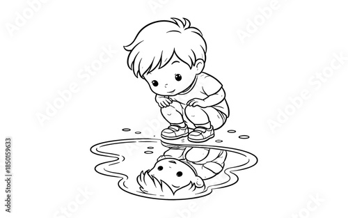 Cute cartoon boy looking at his reflection in a puddle