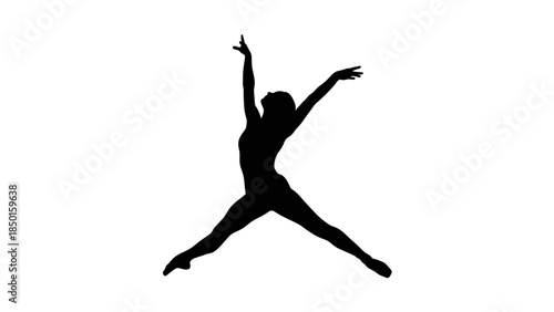 Dynamic silhouette of a female dancer in mid-air leap.