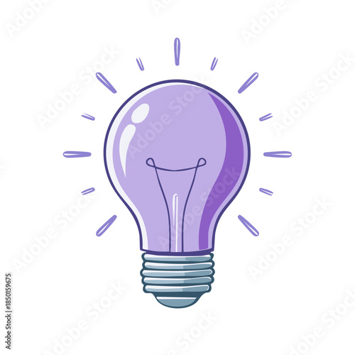 Illuminated purple light bulb radiating creativity, brainstorming, innovation, and solutions in a cartoon vector style