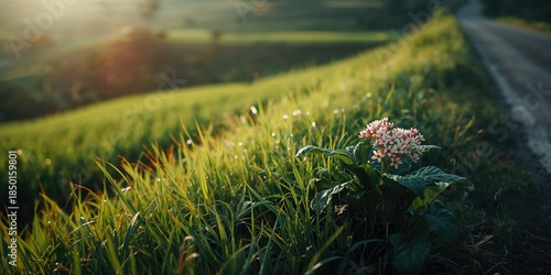 Flowers blooming on spinach crops situated along a roadside in Indonesia's rice paddies, highlighting crop diversity