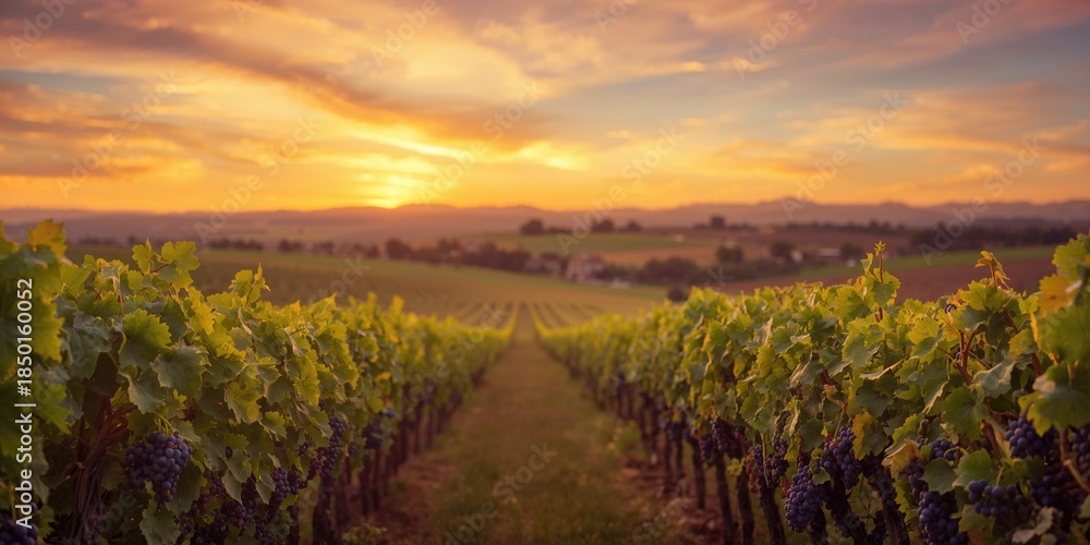 Fototapeta premium Vineyard with lush grapevines prepared for harvest, seasonal agricultural activity