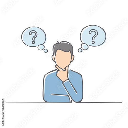 Contemplative Man with Question Marks Represents Thinking and Uncertainty in Illustration Style
