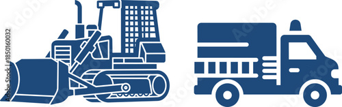 Construction and Firefighting Vehicle Icons Bulldozer Fire Truck construction vehicle heavy machinery
