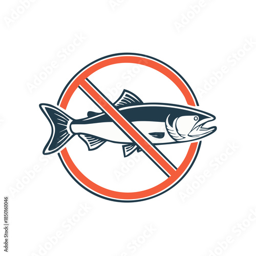 Symbol of prohibiting fish against a white background. No fishing sign of seafood products