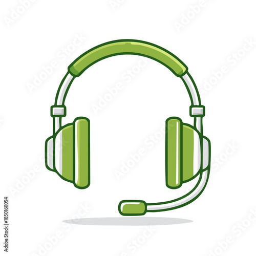 Green gaming headset vector illustration. Headphones for gamers and customer service with microphone icon