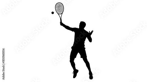 Dynamic silhouette of a male tennis player serving the ball.