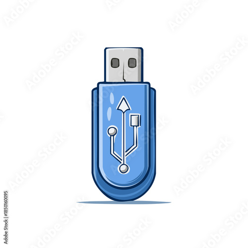 Blue USB Memory Stick Vector Illustration File Storage Portable Flash Drive Cartoon