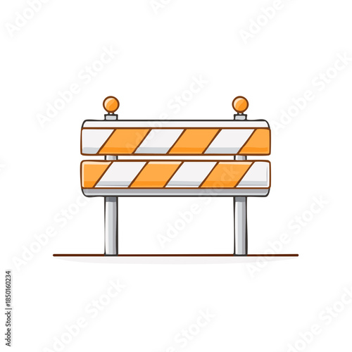Simple illustration of a road block barrier with orange stripes warning of danger or construction ahead and lit warning lights.