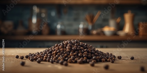 Close-up of whole black peppercorns, highlighting fresh seasoning for cooking