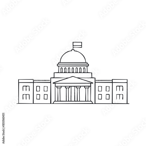 Government building outline illustration with dome and flag atop structure