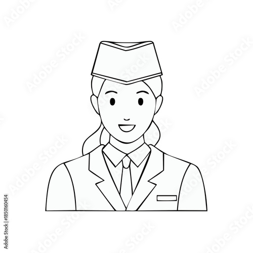 Portrait of a female flight attendant in uniform line drawing against white, aviation professional
