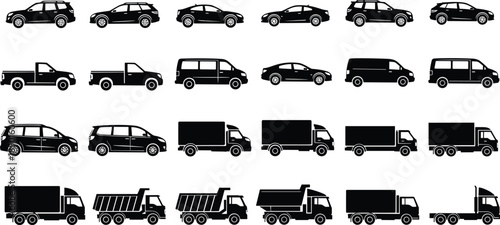 Collection of vehicle silhouettes including sedan cars, pickup trucks, delivery vans, heavy duty transport lorries, and logistics commercial shipping automotive icons.