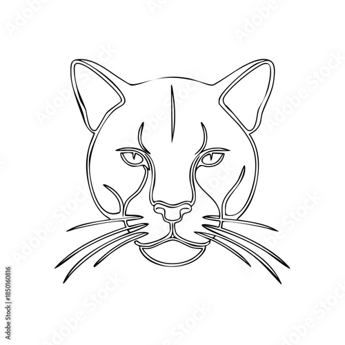 Simple line art portrait of a wild cat, featuring its head and detailed whiskers in an elegant outline style drawing