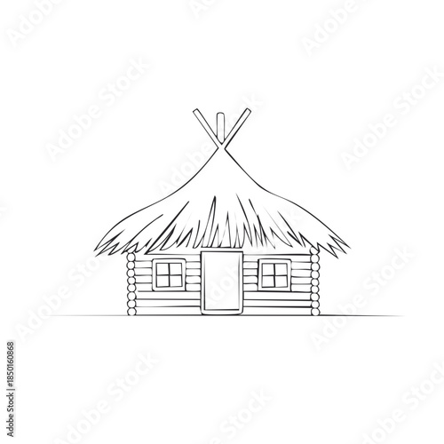 Traditional House Line Art Illustration of a Thatched Cottage