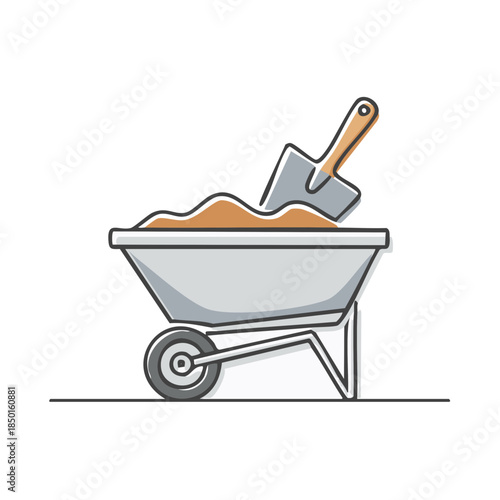 Wheelbarrow with soil and spade on plain backdrop symbolises gardening or construction work