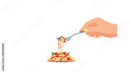 Delicious spaghetti with red sauce and basil is being twirled onto a fork, ready to be enjoyed for a satisfying meal.