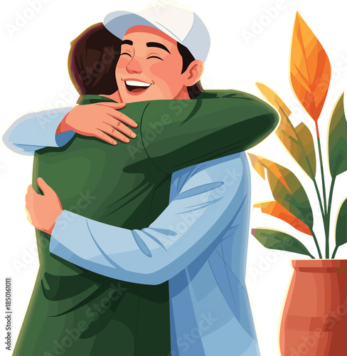 Vector Illustration of Two Happy Men Hugging and Smiling Together in a Warm Embrace with Potted Plant Background