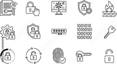 Cyber security line icon set featuring data protection, encryption keys, biometric fingerprint, firewall safety, password privacy, network defense, and digital information.
