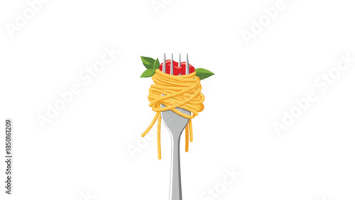 A silver fork is twirled with a generous helping of golden spaghetti, topped with vibrant red sauce and fresh green basil leaves.
