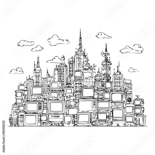 Cityscape built from old televisions and buildings under a cloudy sky is shown here in black and white