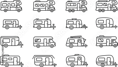 Collection of camper van and travel trailer line icons representing RV camping, road trip adventure, mobile home transport, and outdoor lifestyle.