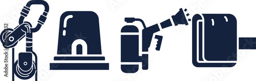 Dark blue icons of climbing pulley carabiner safety siren fire extinguisher and paper roll