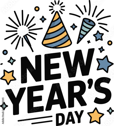 New year's day bold text with fireworks party hat and popper vector graphic