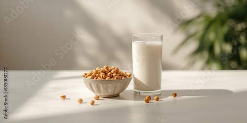 Soy beans in a ceramic bowl on a white table, emphasizing plant protein options, International Day of Vegetarianism