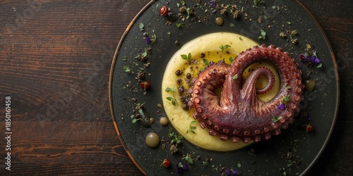 Wallpaper Mural Seafood dish featuring grilled octopus alongside a creamy potato soup, focusing on culinary presentation Torontodigital.ca