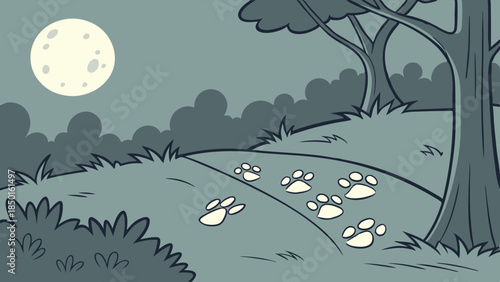 Mysterious Paw Prints Trail on Moonlit Path Through Forest Grassland, Evoking Adventure, Discovery, and Nighttime Exploration for Wildlife Photography and Children's Stories
