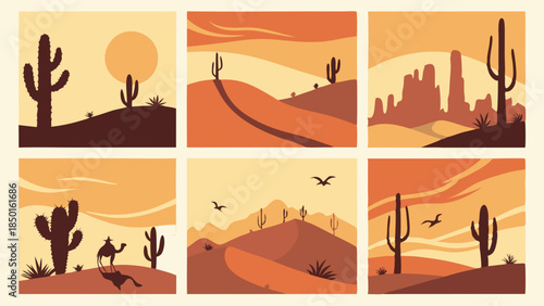 Desert Landscape Serenity, Cactus Silhouette, Camel Journey, Vast Horizons, Tranquil Adventure, Travel Marketing, Web Design Background, Adobe Stock