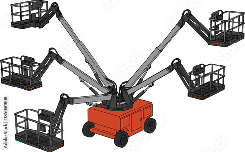 Articulated boom lift illustration, aerial work platform equipment, industrial construction machinery, multiple access baskets, hydraulic arms, flat vector design, isolated background