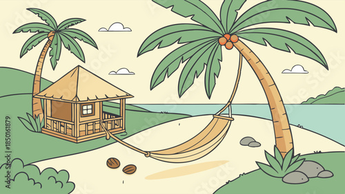 Tropical Paradise Getaway Relaxation Hammock Beach Hut Palm Trees Serene Vacation Escape for Travel Tourism and Leisure Marketing