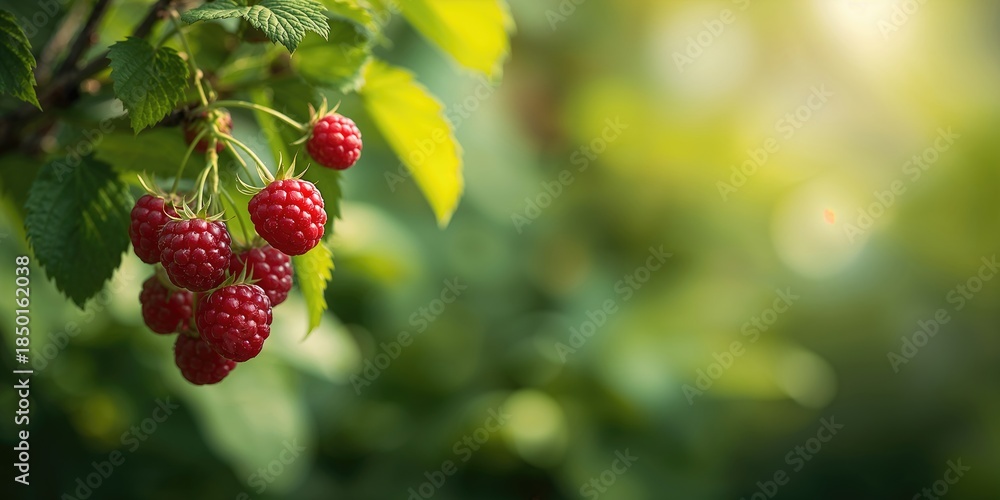 Fototapeta premium Ripe red raspberries on a garden bush, suitable for natural fruit harvesting