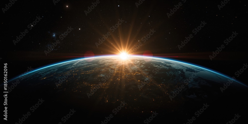 Obraz premium Early morning sunlight casting a glow on the planet with illuminated cityscape below, environmental awareness