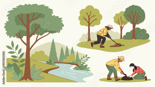 Volunteers Planting Trees for Environmental Conservation and Reforestation Projects, Inspiring Eco-Friendly Initiatives and Sustainable Future Growth