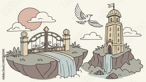 Dreamy Floating Islands with Gate and Lighthouse, Symbolizing Hope, Journey, New Beginnings, Spiritual Growth, Success, and Serenity for Web Design, Inspiration, and Fantasy Art