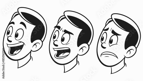 Expressive Cartoon Man Faces Showing Joy Surprise Sadness for Presentations Marketing Web Design Emotional Expression Character Design