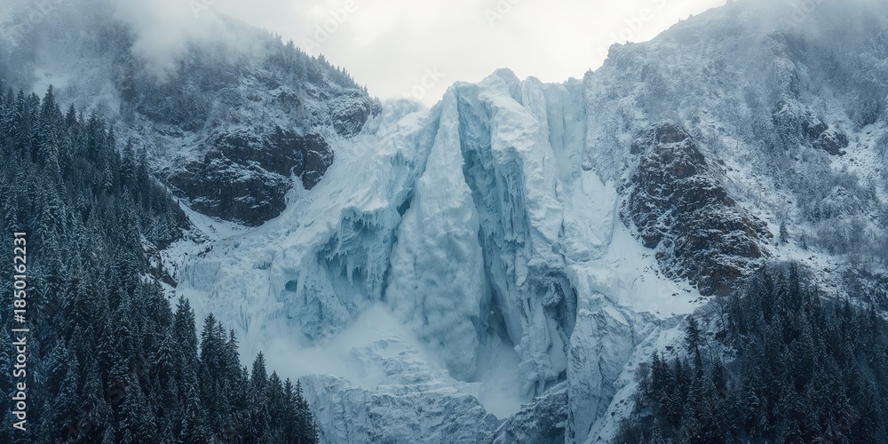 Obraz premium Icy slope showing snow and ice formation highlighting winter erosion risk, Earth Day