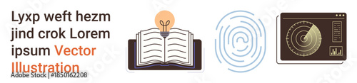 Education, learning, identity verification, technological innovation, security, and research. Open book with a lightbulb, fingerprint icon radar display. Education and identity verification concepts