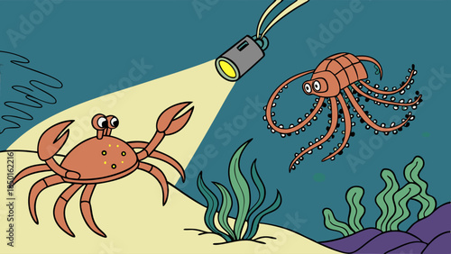 Underwater Exploration: Crab and Octopus Illuminated by Diver's Light, Inspiring Marine Biology Research, Oceanography Discovery, and Nature Documentary Visuals