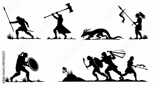 Epic Fantasy Warriors Battle Mythical Beast, Heroic Combat for Adventure Games, Epic Storytelling, Medieval Legends, Dynamic Action Illustration