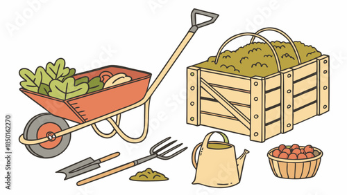 Gardening Tools and Harvest for Organic Farming Business, Healthy Lifestyle, Spring Season, Sustainable Agriculture, Fresh Produce Marketing, Rural Life, Outdoor Activity,