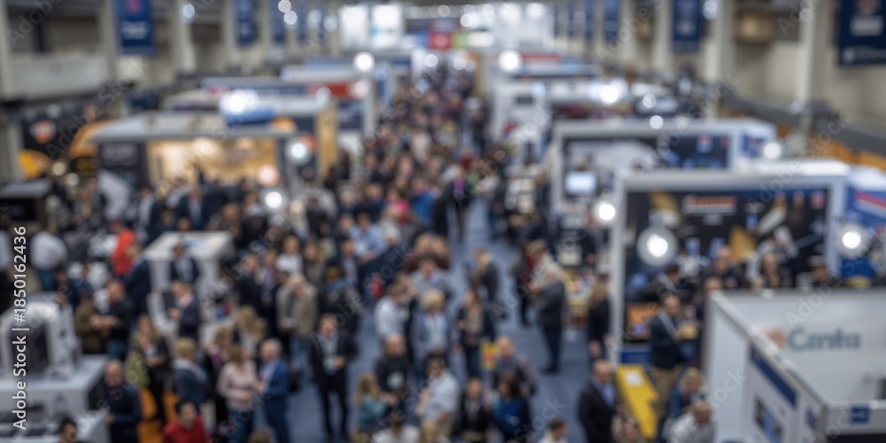 Obraz premium Stock image of a trade show background with a blurred trade show display, used as a backdrop for layouts and designs