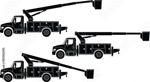 Bucket truck silhouette collection, aerial lift utility vehicles, multiple boom positions, service maintenance trucks, industrial work equipment, black vector icons