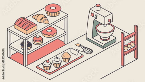 Isometric Bakery Kitchen Displaying Fresh Baked Goods, Pastries, and Mixer for Food Business Marketing, Cafe Branding, and Culinary Web Design.